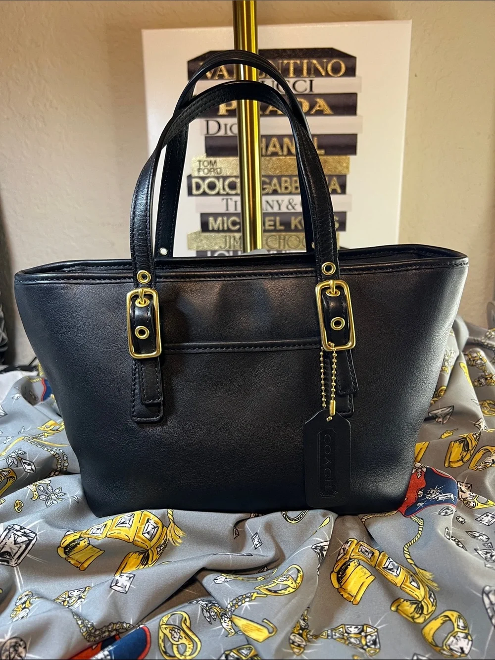 Coach small black Leather vintage Tote with Brass hardware